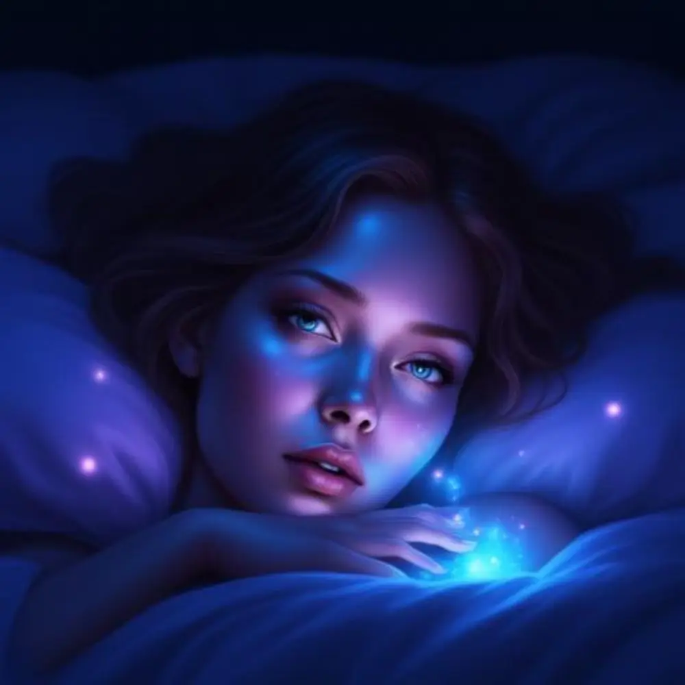 Woman lying awake in bed at night, illuminated by blue and violet light, with glowing spark-like effects around her hands and pillows, creating a dreamy, introspective mood.