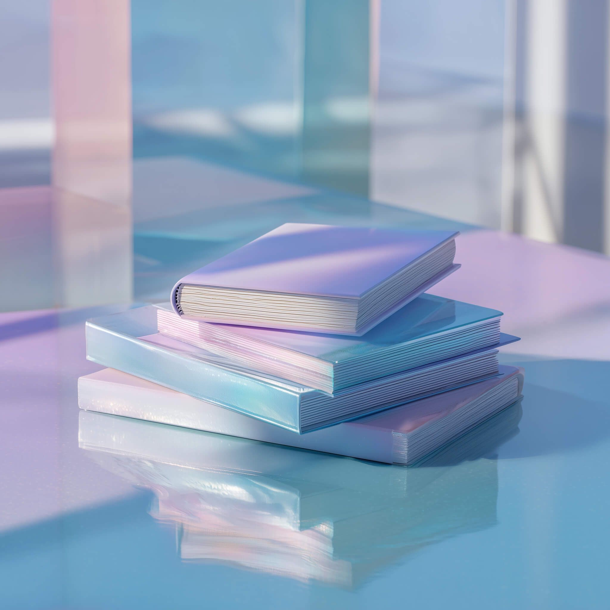 Stack of pastel-colored workbooks on a reflective surface, representing guided exercises for understanding and managing anxiety.