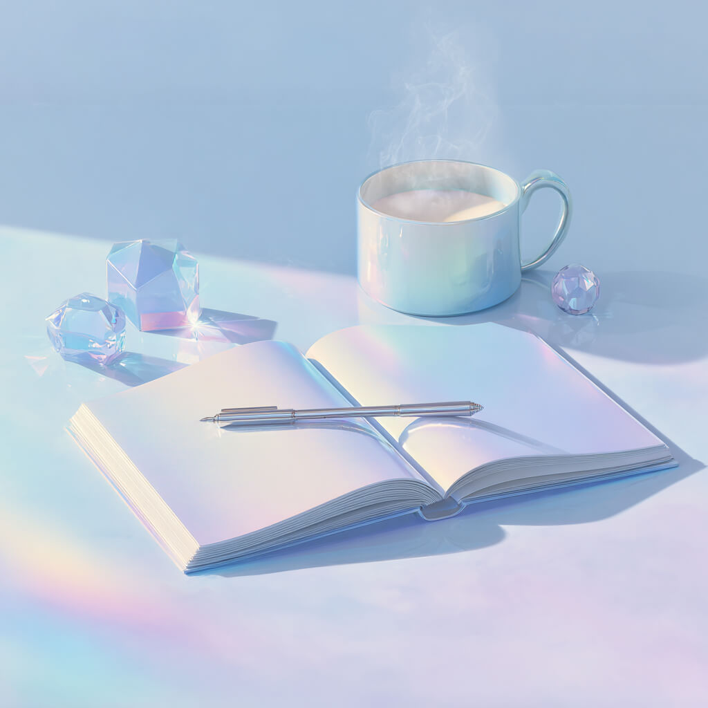Open journal with a pen beside a warm cup, representing reflective journaling prompts for calming anxiety and organizing thoughts.