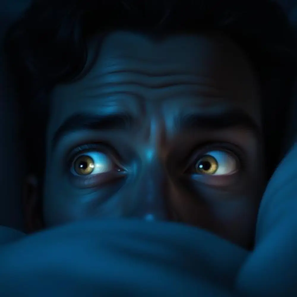 Close-up of a wide-eyed man lying awake in bed at night, lit in deep blue tones, staring anxiously over the blanket.
