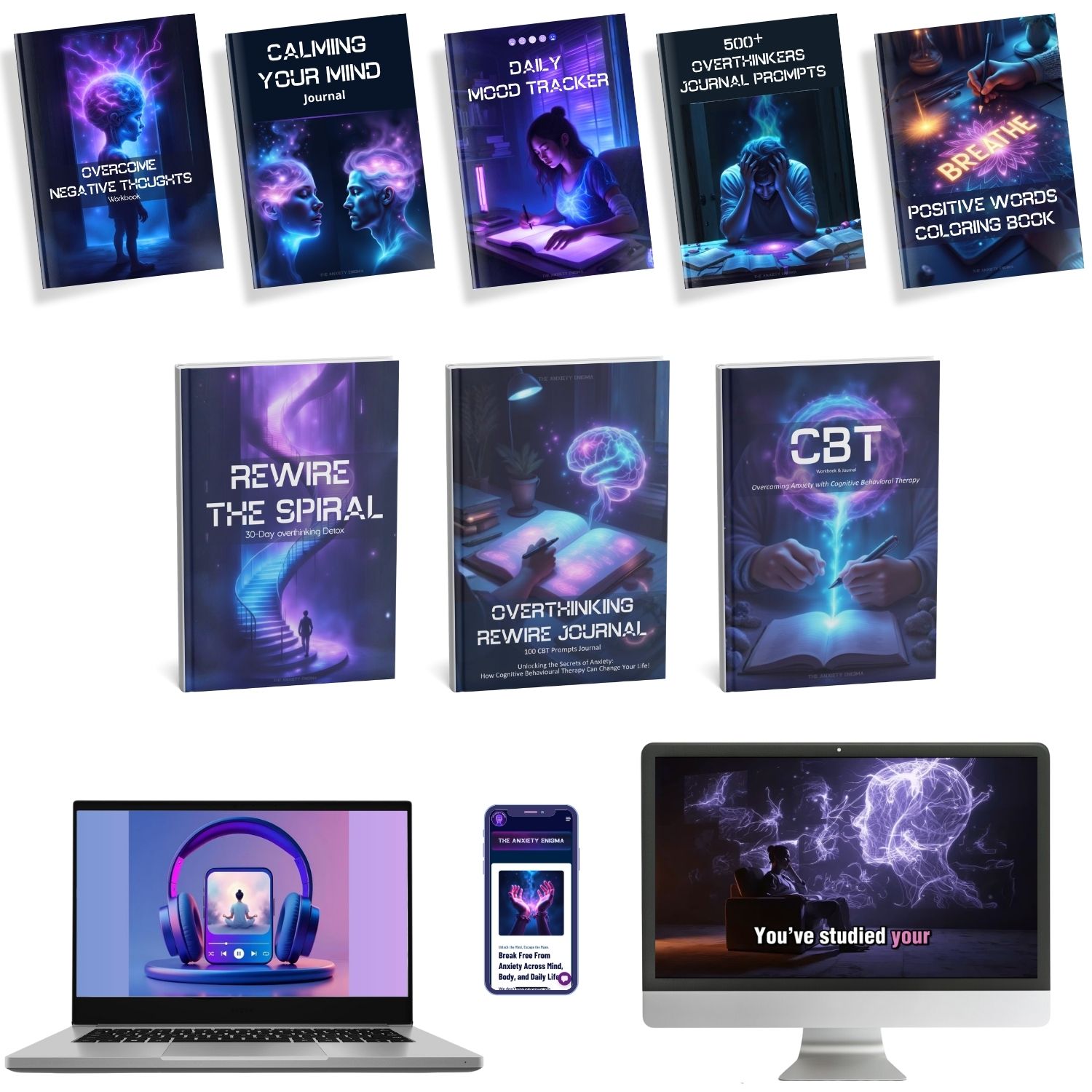Collection of anxiety and overthinking self-help journals, workbooks, CBT tools, and digital products displayed across books, mobile app, and desktop screen, designed to reduce anxiety, calm the mind, and rewire overthinking patterns.