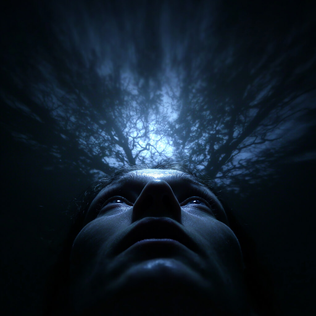 First-person perspective of a person lying on their back at night, looking upward into a dark blue forest. The lower part of the image shows the person’s face in shadow, illuminated by faint moonlight. Above them, tall trees stretch inward, their branches forming a tangled, almost tunnel-like canopy against a dim, misty sky. The atmosphere feels moody, surreal, and introspective, with cool blue tones and a slightly blurred effect that enhances a dreamlike, anxious mood.