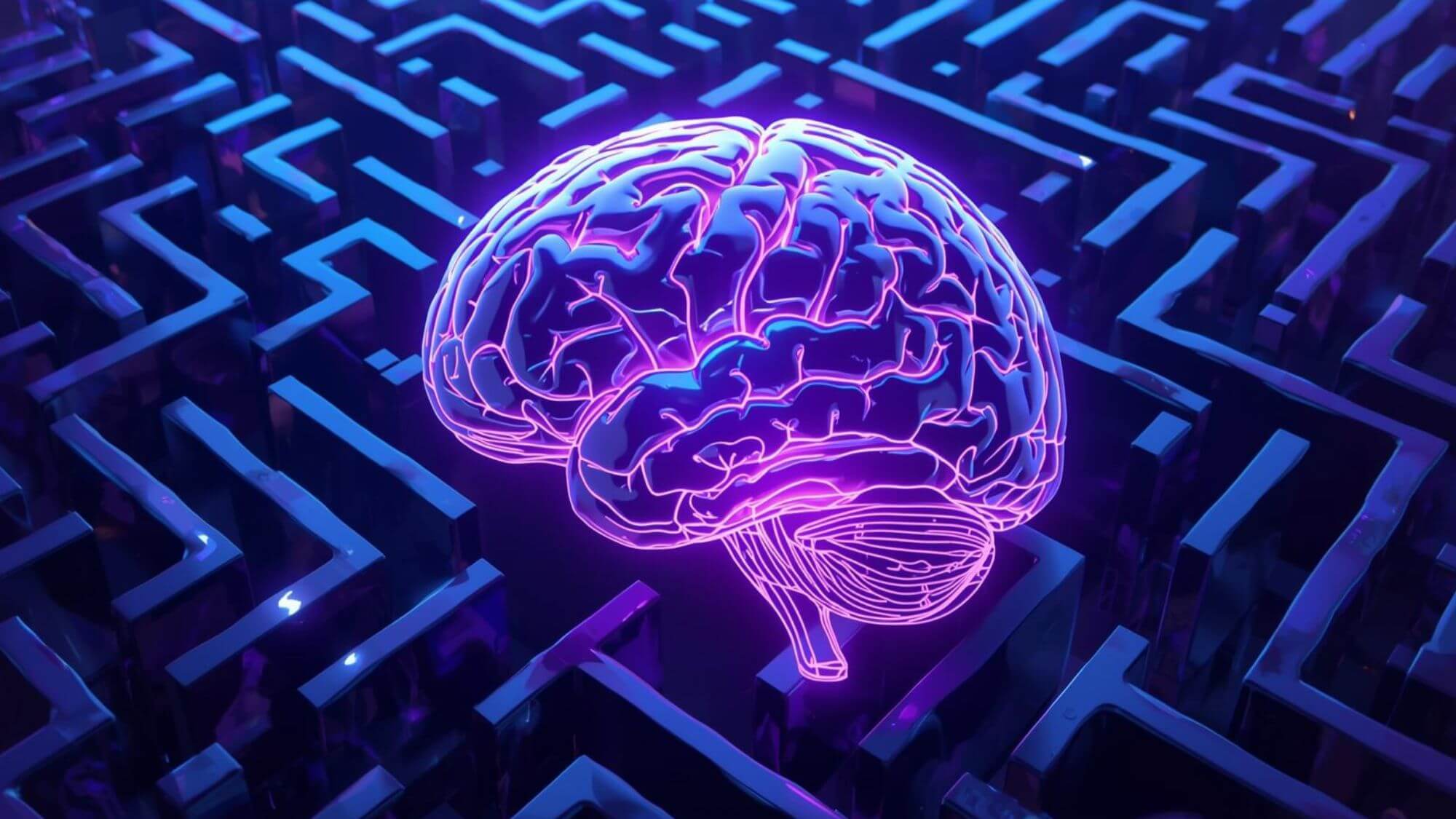 Glowing purple brain suspended above a dark blue maze, neon neural pathways illuminated in violet and magenta tones, cinematic contrast symbolizing overthinking, cognitive loops, and the mind trapped in complex mental patterns.