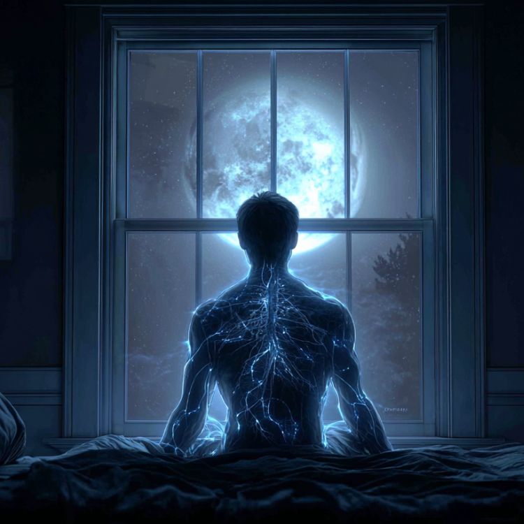 Man sitting upright in bed at night, viewed from behind, glowing blue neural pathways visible through his body as he faces a bright full moon through a window, dark bedroom with deep blue tones, cinematic nocturnal atmosphere symbolizing heightened brain activity at 3 AM.