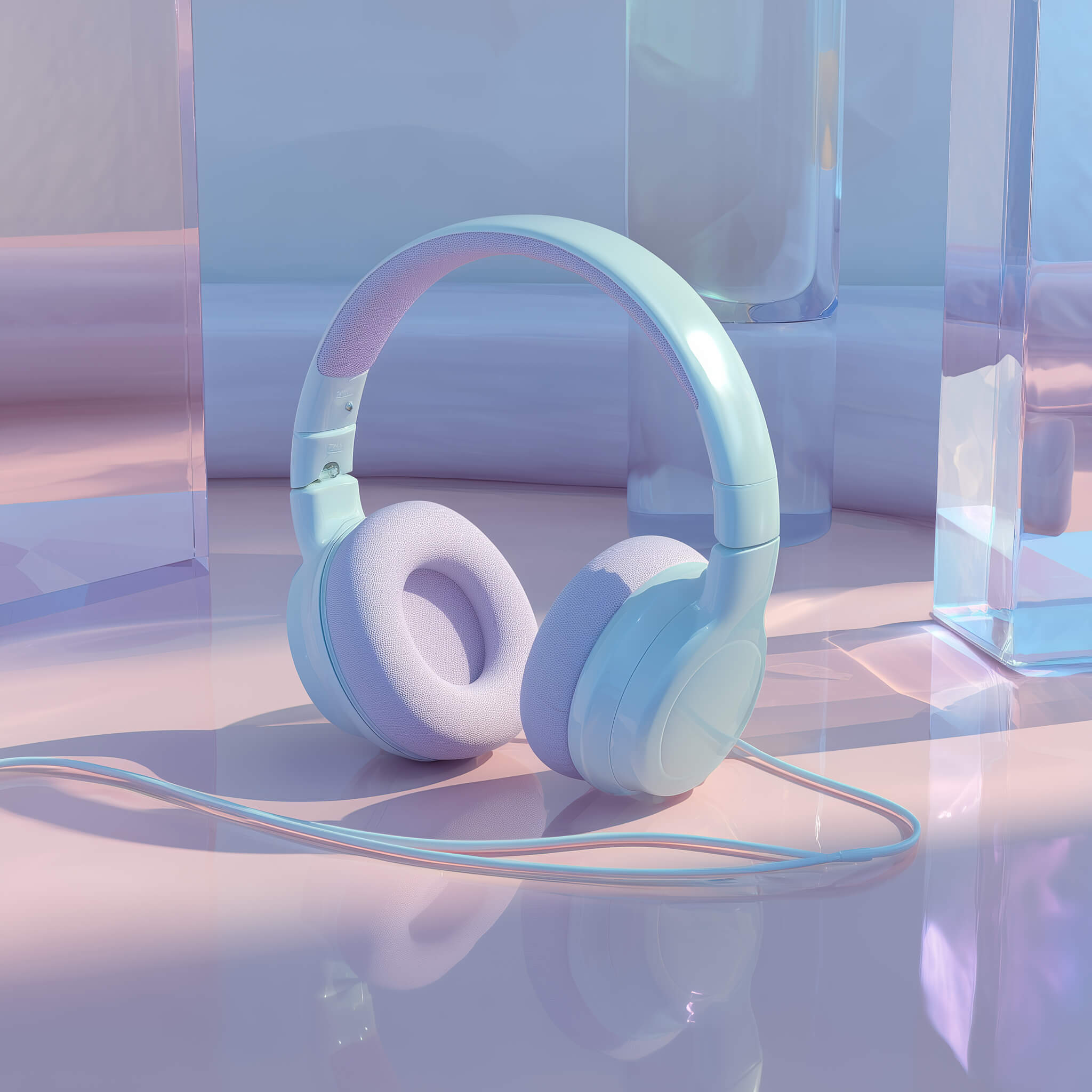 Pastel over-ear headphones resting on a reflective surface, representing calming audio sessions for anxiety relief.