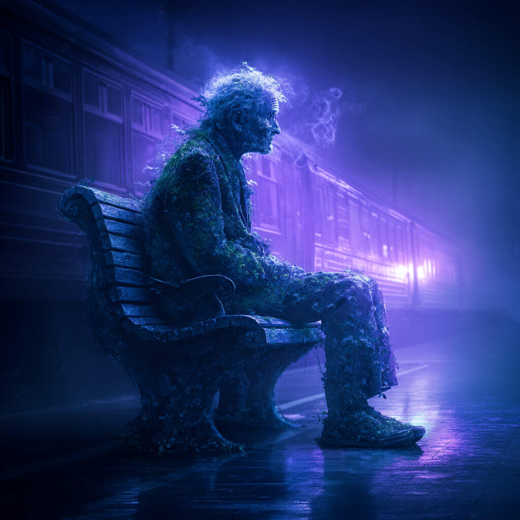 Elderly man dissolving on a train station bench, symbolizing anxiety, overthinking loops, and mental burnout.