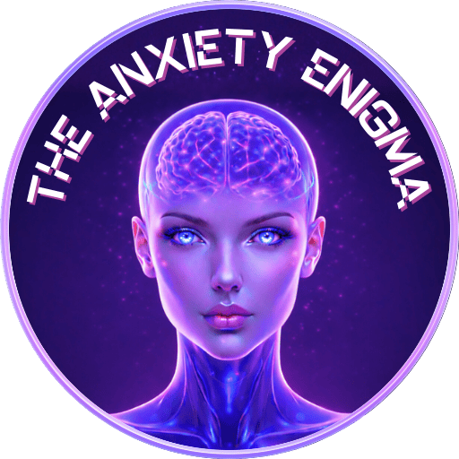 Circular logo for The Anxiety Enigma featuring a futuristic human face with glowing blue eyes and a luminous brain, rendered in purple and violet tones, symbolizing mental clarity, self-awareness, and understanding anxiety patterns.