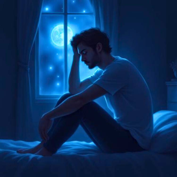 A man sits awake on the edge of a bed at night, head resting in his hand, illuminated by cool blue moonlight through a window. His posture and expression convey mental exhaustion and quiet rumination, suggesting a late-night overthinking loop in an otherwise calm, silent room.