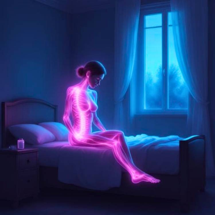 A person sits on the edge of a bed in a quiet bedroom at dawn, body tense and shoulders raised despite the calm setting. A subtle magenta and violet glow traces their nervous system, suggesting constant vigilance and protection mode even though the environment is safe and still.