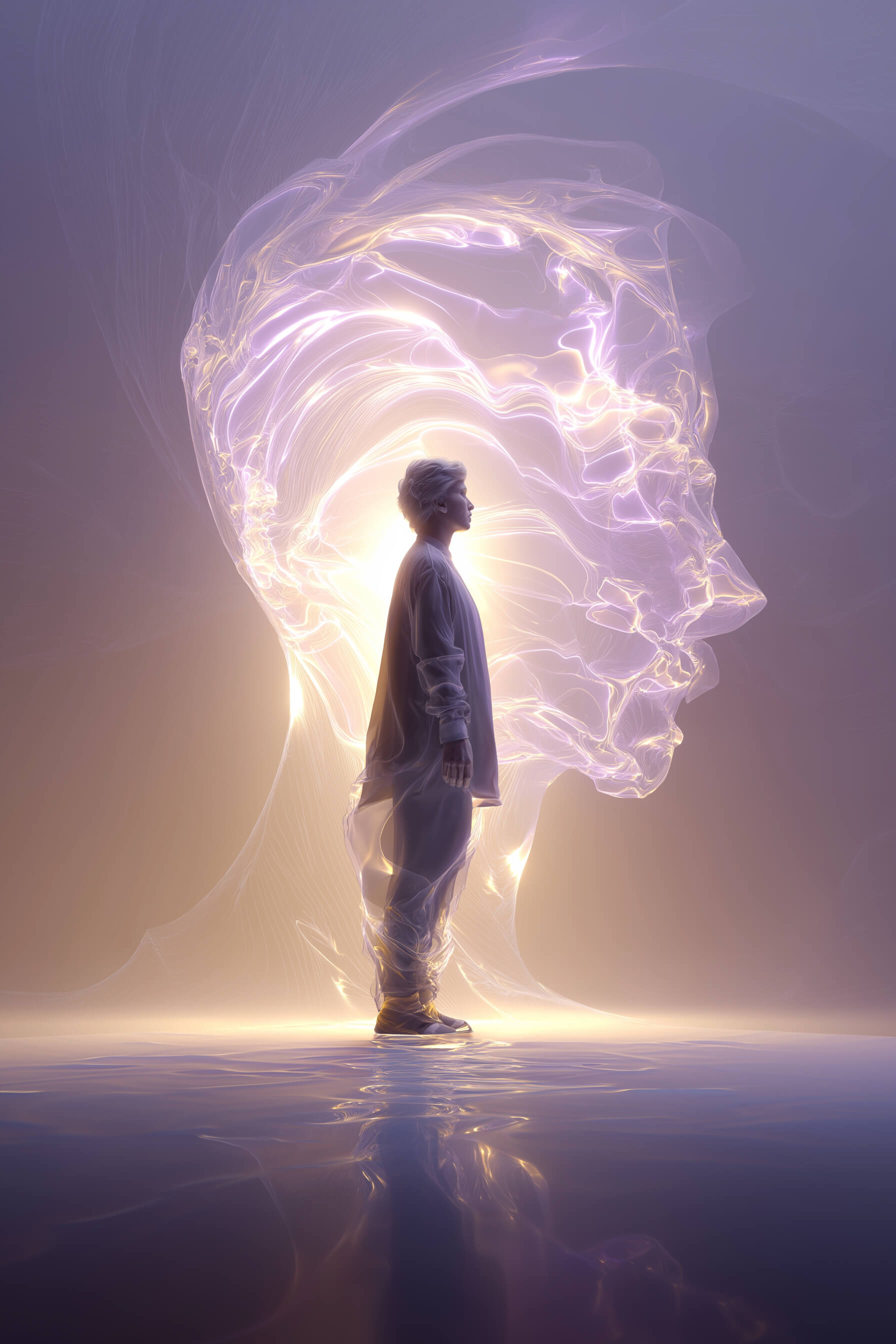 Person standing before a glowing abstract mind made of light, symbolizing awareness of anxiety and inner transformation.