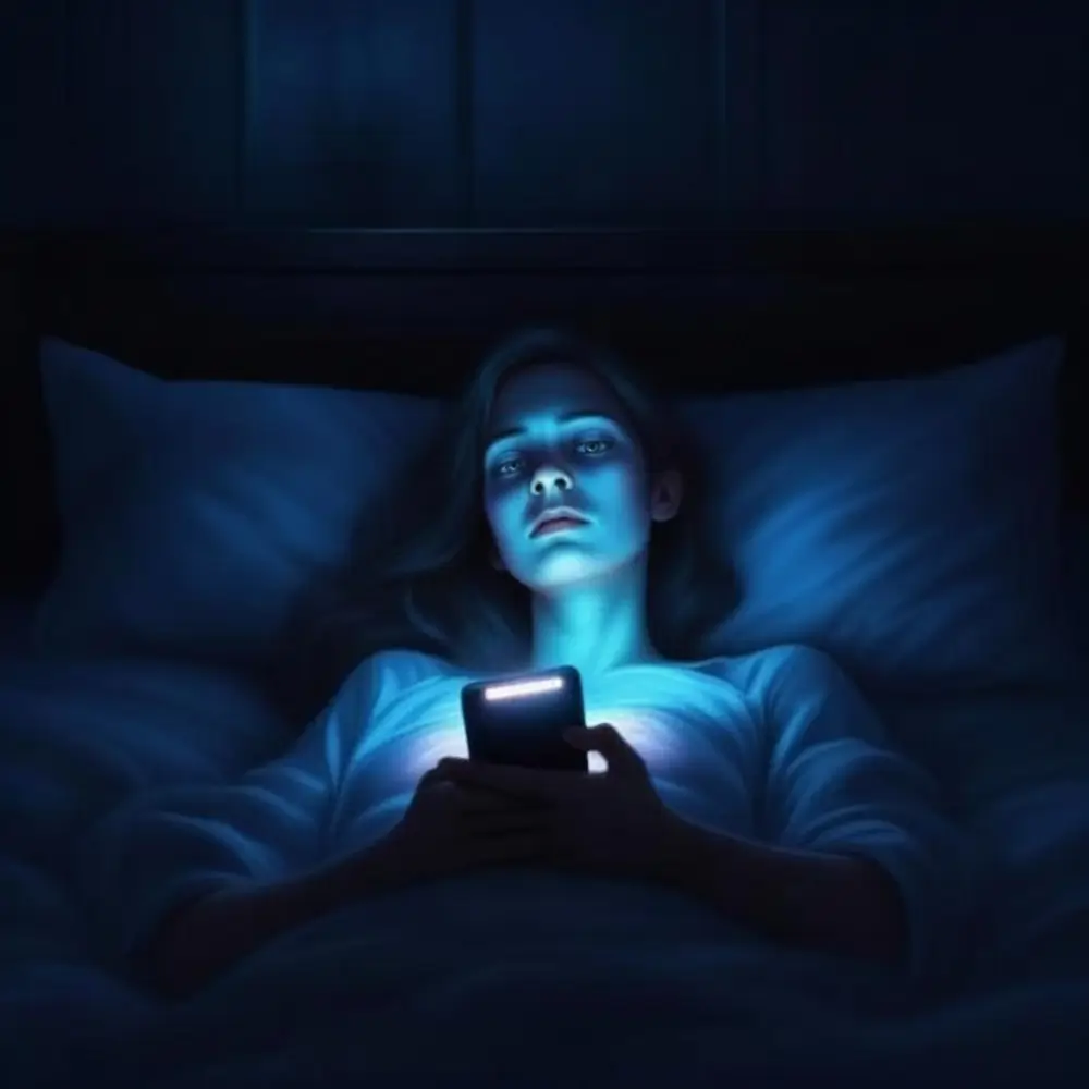 Woman lying awake in bed at night, illuminated by the blue glow of her smartphone, conveying insomnia, late-night anxiety, and sleep deprivation.