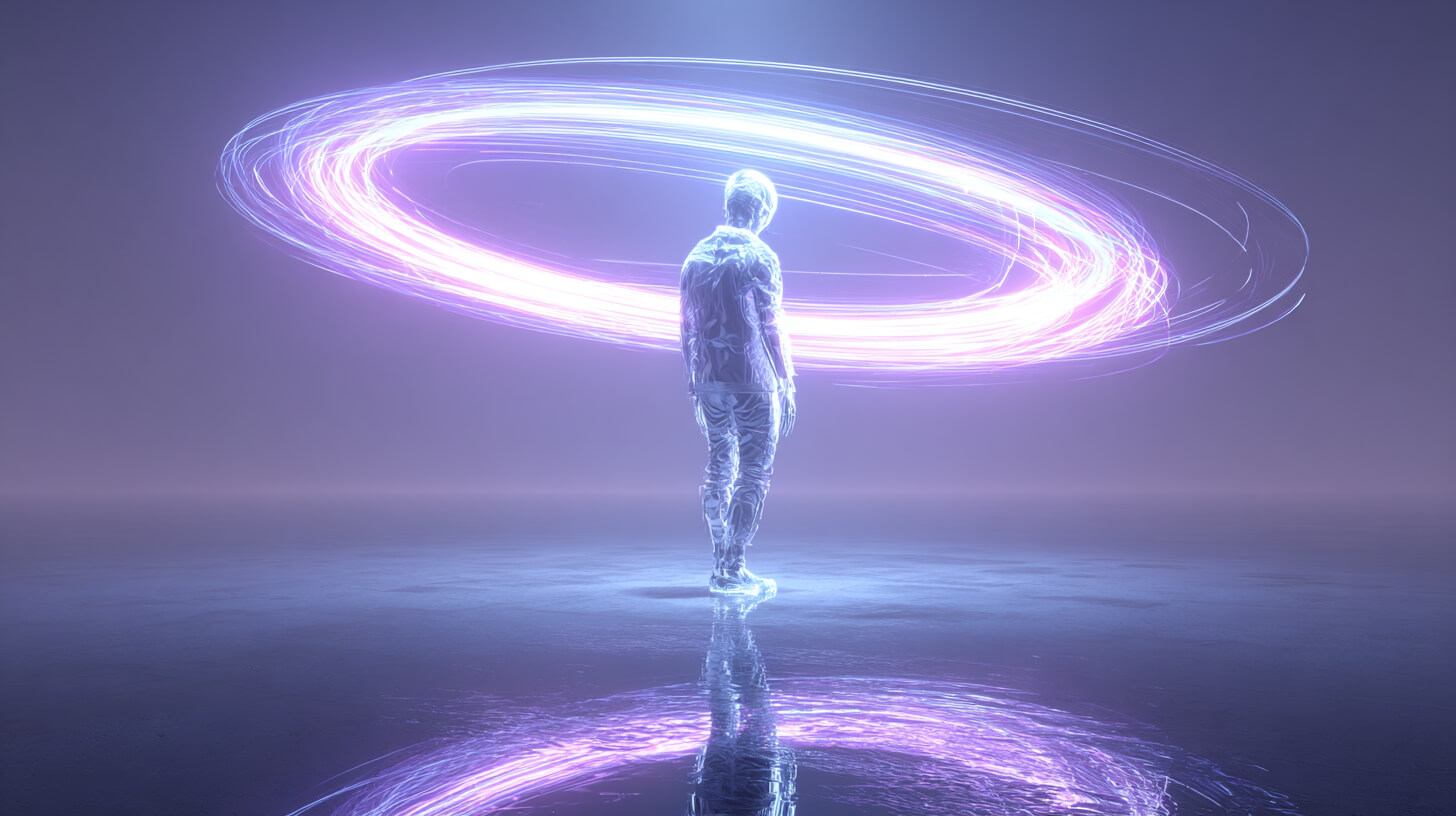 Human figure standing within a glowing circular loop of light, symbolizing being trapped in repetitive anxiety and mental thought loops.
