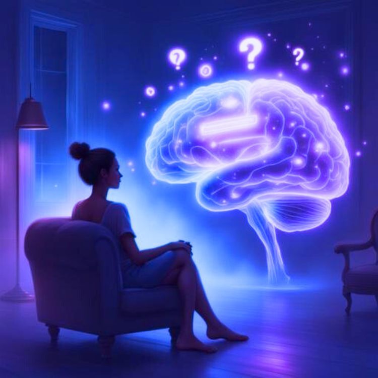 A woman sits quietly in a dim, blue-lit room, facing a glowing, translucent brain floating in front of her. Purple question marks hover around the brain, symbolizing overthinking, uncertainty, and anxious mental loops.