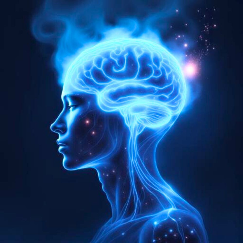 3D holographic profile of a human figure with a glowing blue brain and neural pathways illuminated throughout the head and neck, symbolizing high intelligence, heightened pattern recognition, and the mental overload that can lead to anxiety.