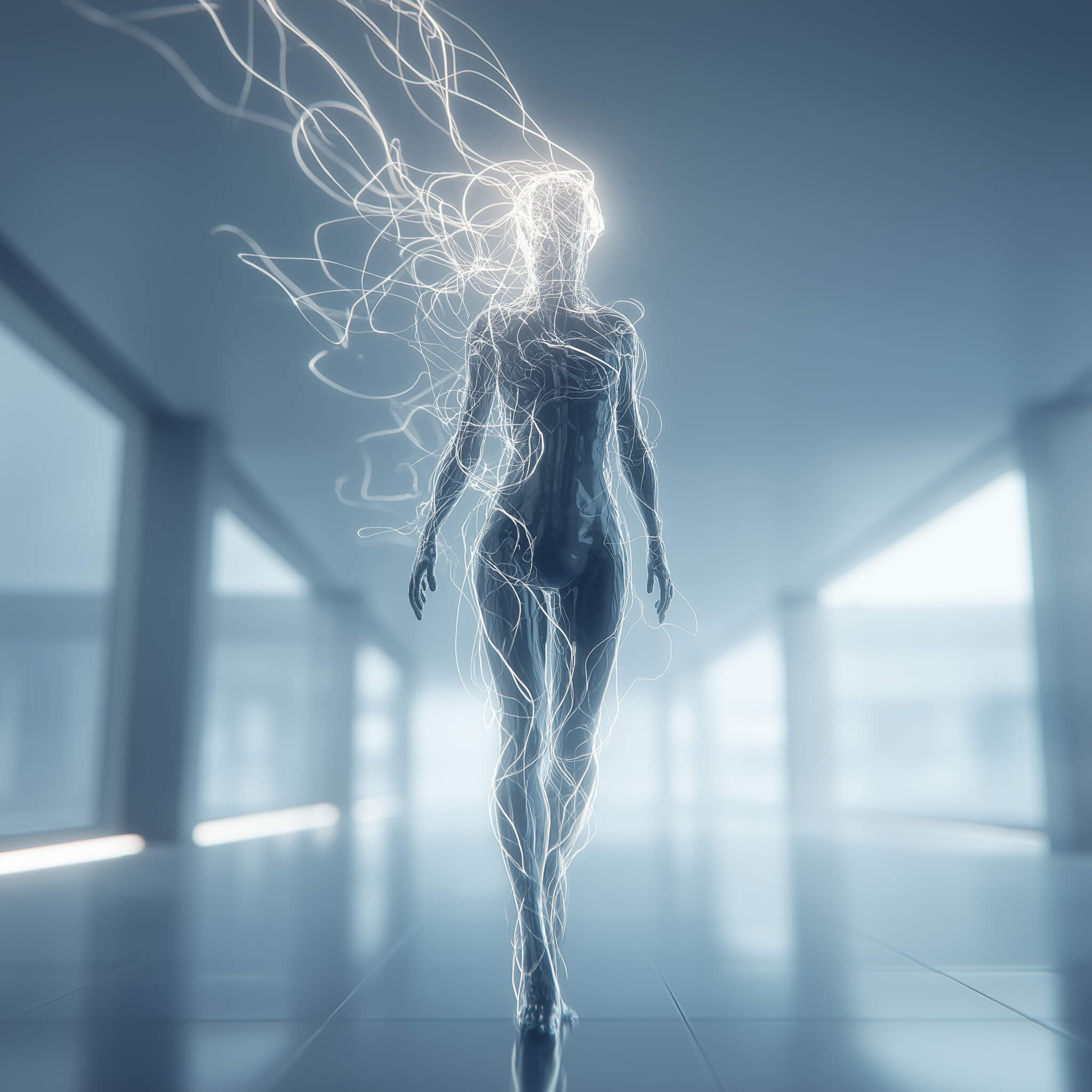 Abstract luminous human figure walking forward, composed of glowing neural lines in a futuristic corridor.”