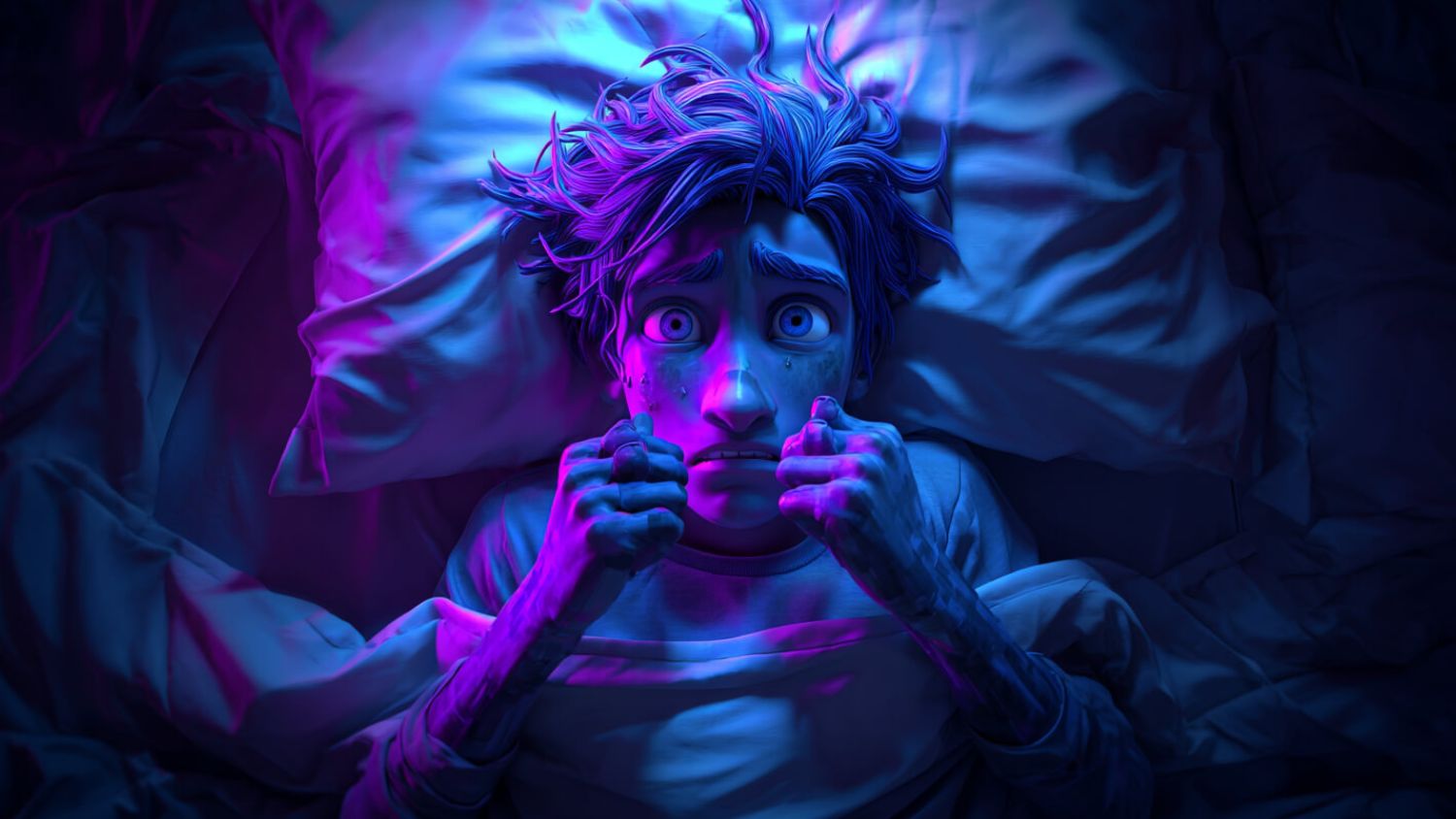 Animated-style character lying in bed at night under deep blue and purple lighting, wide fearful eyes and tense expression, hands gripping the blanket, cinematic nocturnal atmosphere symbolizing anxiety, panic, and insomnia.