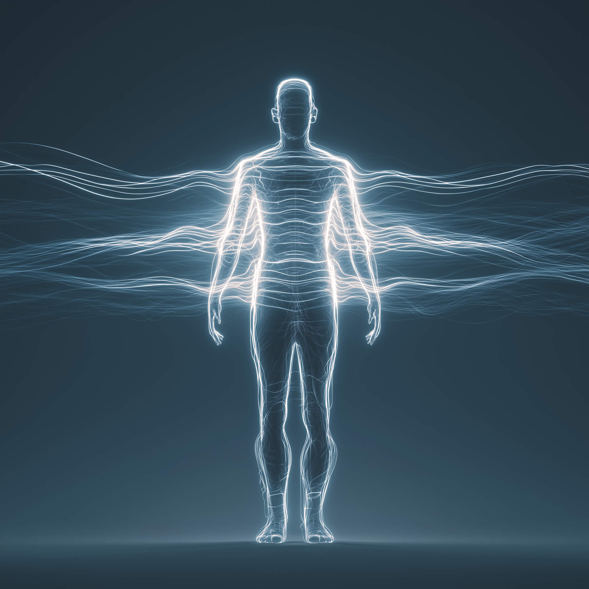 Glowing human figure with flowing energy lines, symbolizing regulation of the nervous system and calming anxiety.