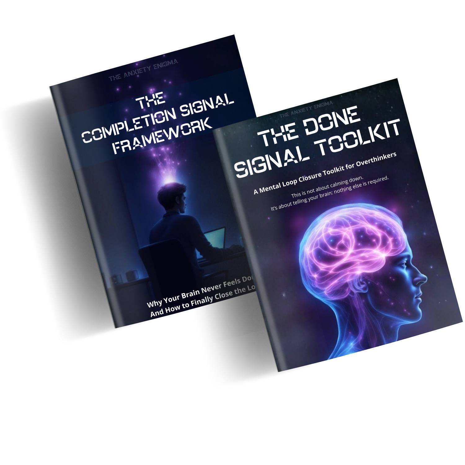 Two digital book covers displayed side by side. One shows a person sitting at a desk with a glowing light rising from their head, titled “The Completion Signal Framework.” The other shows a side profile of a human head with a luminous purple brain, titled “The Done Signal Toolkit,” both designed in dark blue and purple tones with a futuristic, neuroscience-inspired aesthetic.