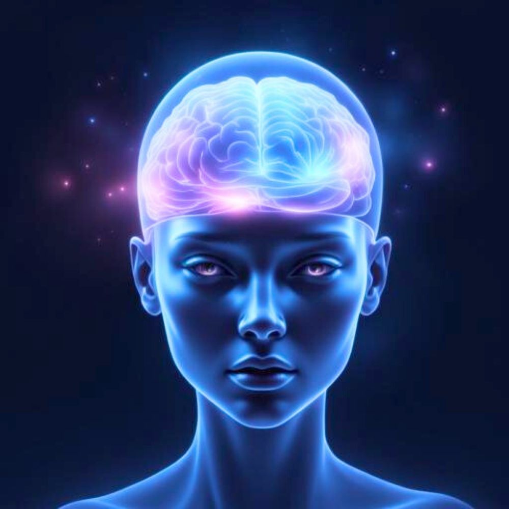 Front-facing 3D transparent human face with calm expression, revealing a softly glowing holographic brain in blue, pink, and purple tones, symbolizing constant mental activity and overthinking while the exterior remains still.