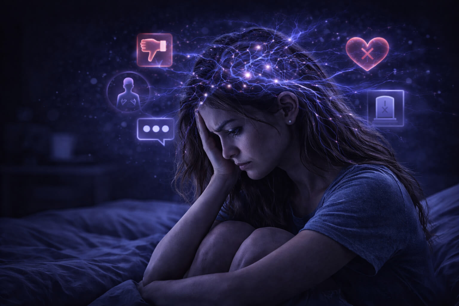 A woman sitting on her bed at night, head resting in her hand, while glowing neural pathways spread across her brain and connect to floating symbols of rejection, criticism, unanswered messages, and loss—representing persistent mental scanning and overthinking despite no immediate danger.