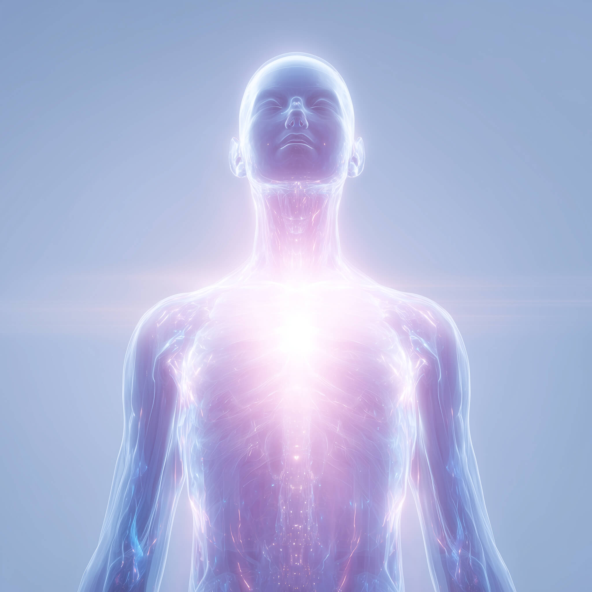 Translucent human figure with a soft glow in the chest, symbolizing calming the nervous system and resetting the body’s alarm response.