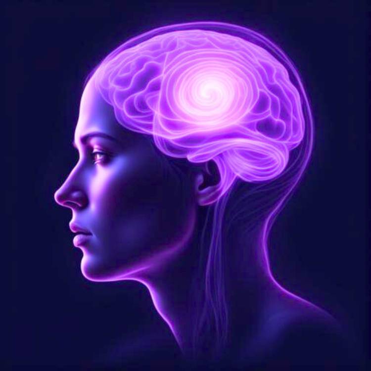 A side-profile illustration of a person with a visible glowing brain, showing a bright inward spiral representing an anxiety spiral and repetitive overthinking.