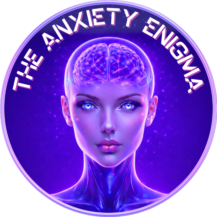 The Anxiety Enigma brand logo with a futuristic holographic woman and illuminated brain, representing anxiety, neuroscience, mental health, and self-understanding.