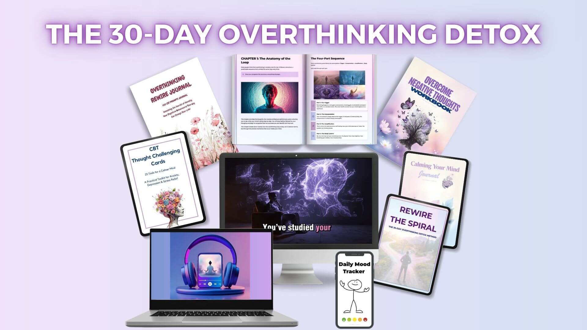 Overview image of The Anxiety Enigma’s 30-Day Overthinking Detox program, showing digital workbooks, journals, audio sessions, and guided tools displayed on multiple devices.