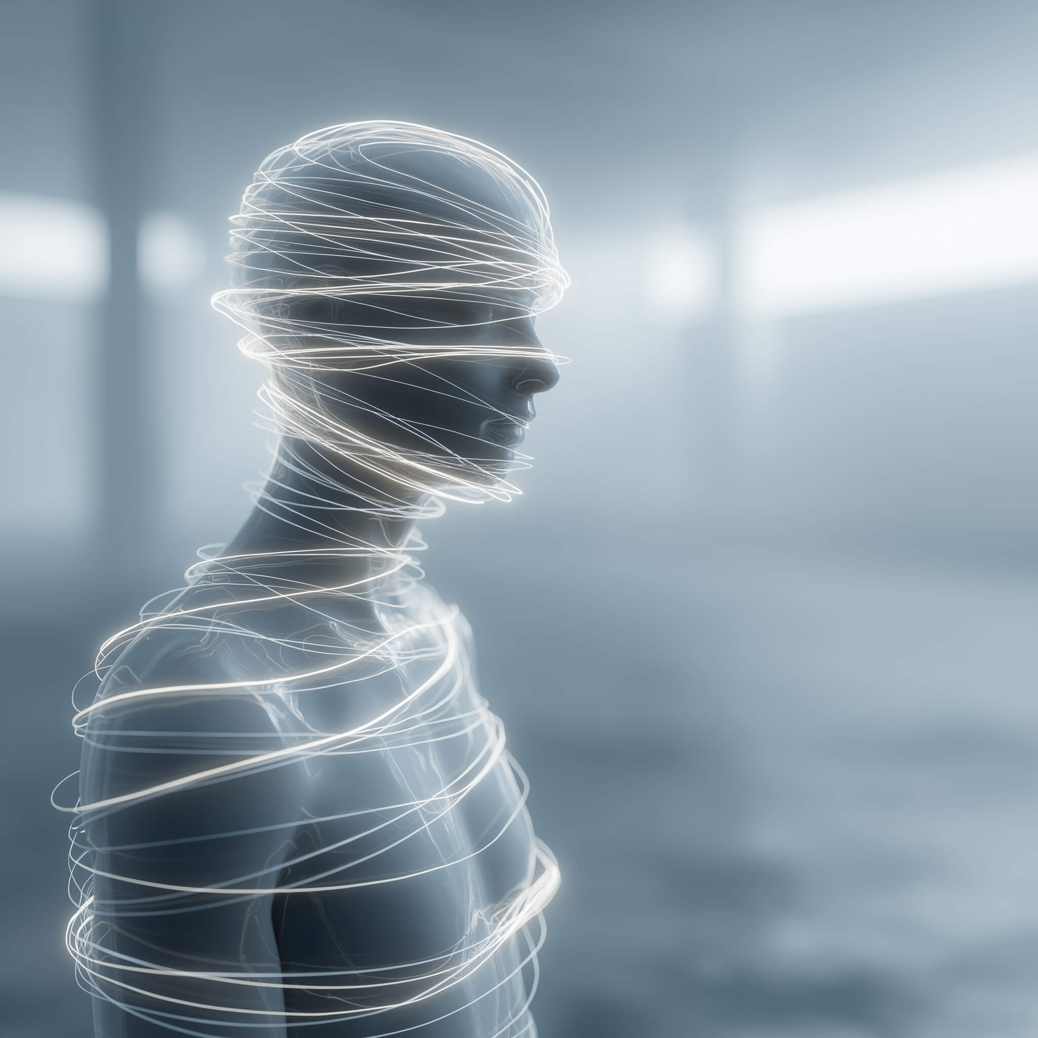 Human figure with glowing lines wrapped around the head and body, symbolizing understanding the patterns and loops of anxiety.