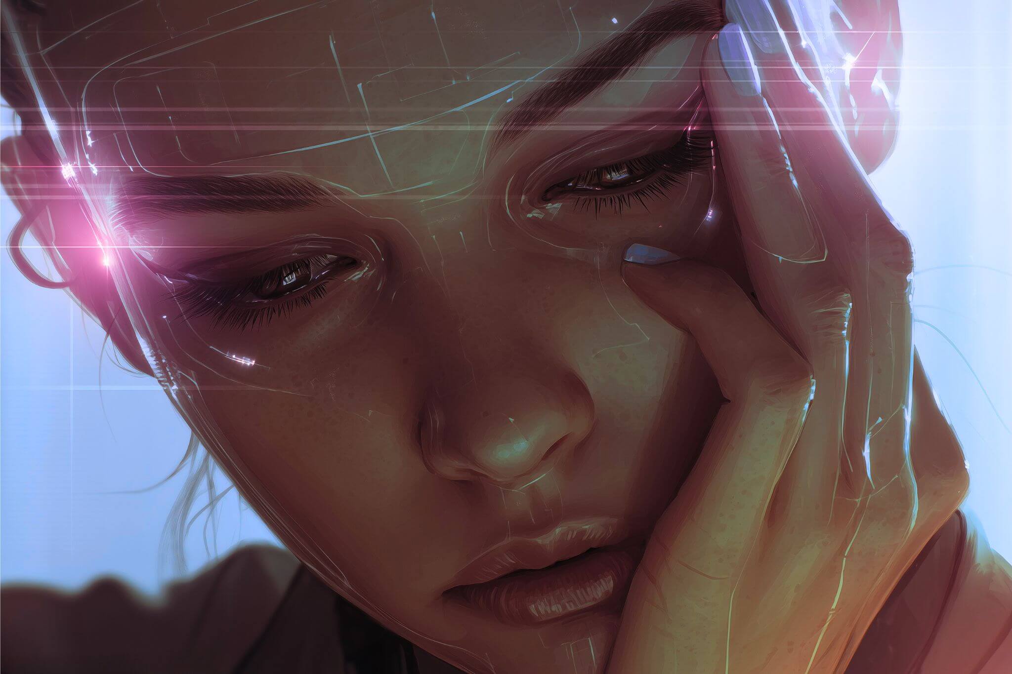 Close-up of a person with a tense, exhausted expression, hand resting on the face, symbolizing mental overload and persistent anxiety.